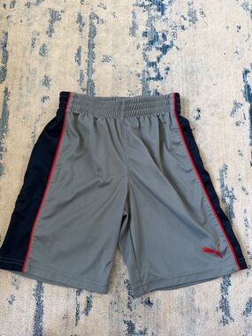 Puma Gray Athletic Shorts with Navy Panels and Red Trim